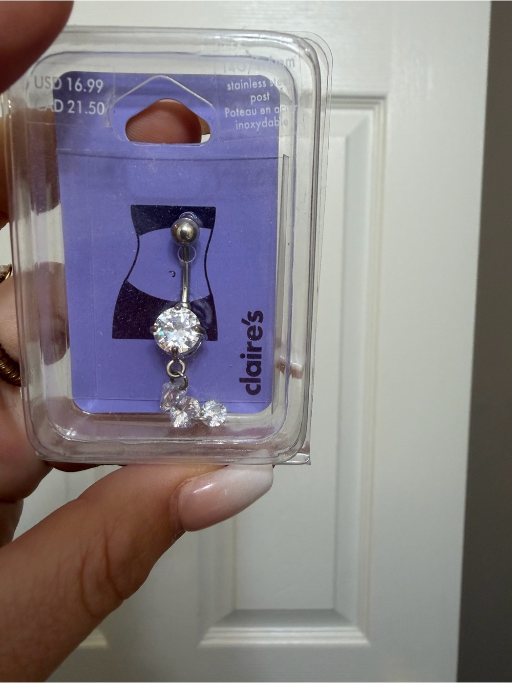 Claire's Silver Clear Crystal Dangle Belly Button Ring - Picture 2 of 4
